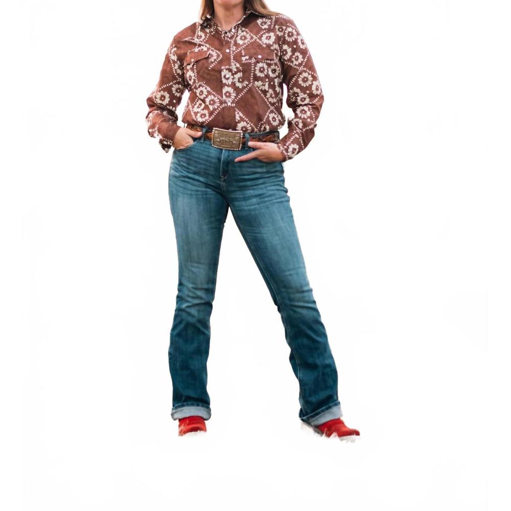NEW HOWDY HANNY women's kalei vintage floral style pearl snap shirt in brown
